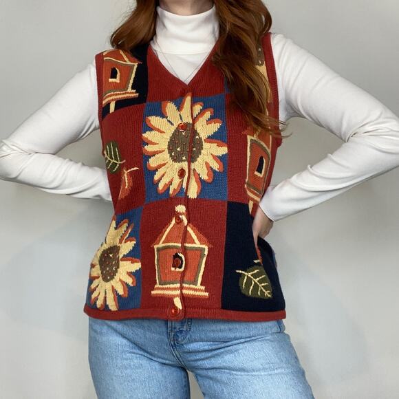 Vintage Y2K Christopher & Banks Medium Sunflower/ Fall Embroidered Sweater Vest - Picture 2 of 11